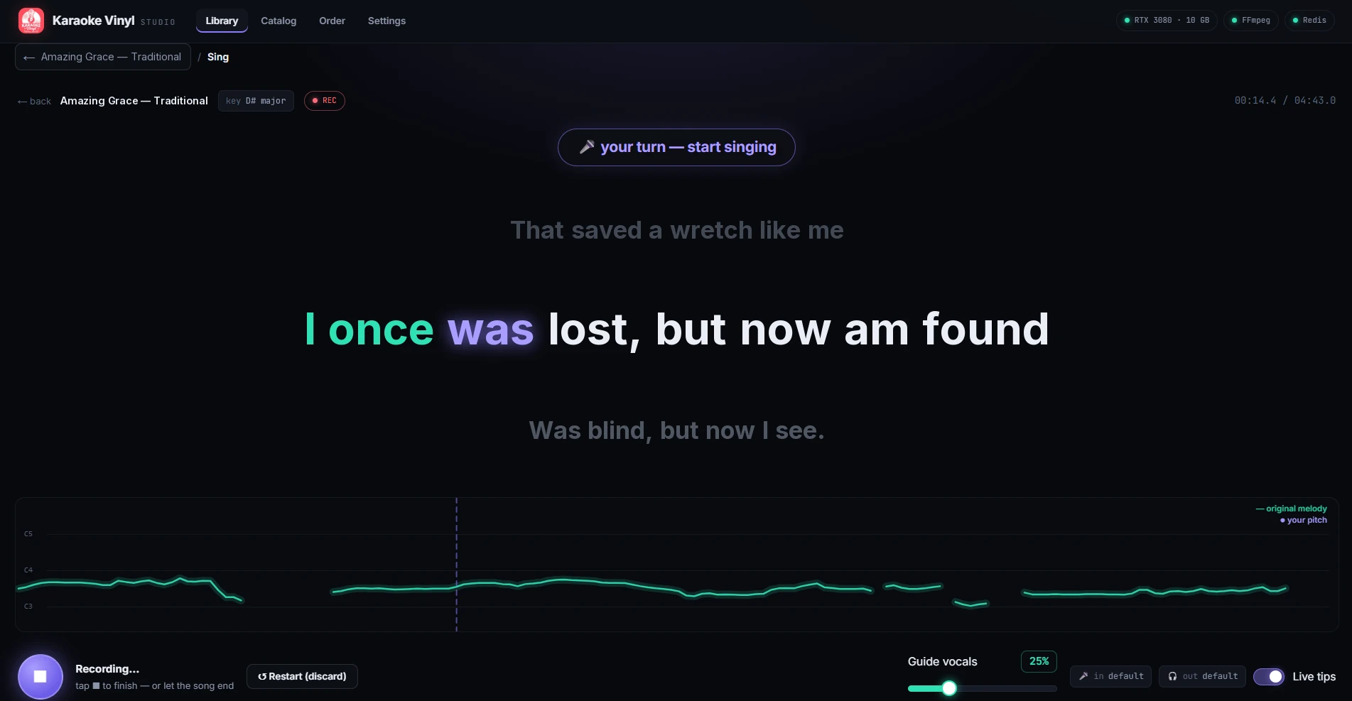 The karaoke stage while recording: the current lyric line highlighted word by word, a pitch lane showing the melody, and guide vocals set to 25 percent