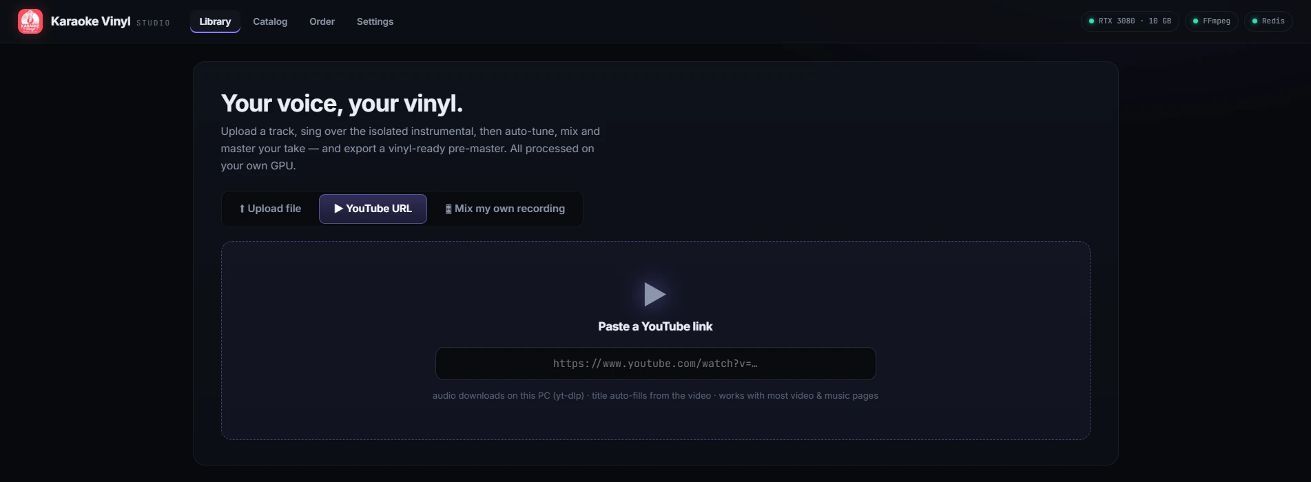 The Studio upload screen with the YouTube URL tab selected and a field to paste a YouTube link