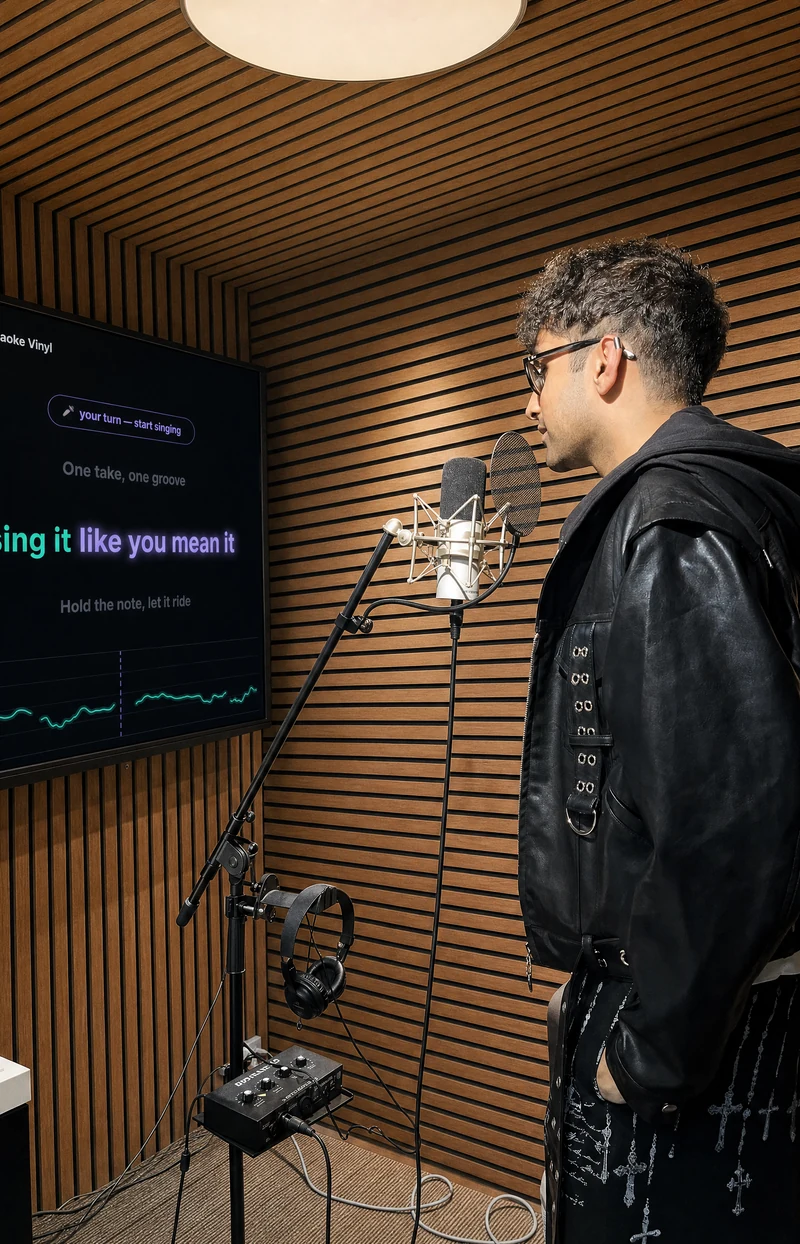 Inside the booth — a singer at the studio mic with lyrics on the screen