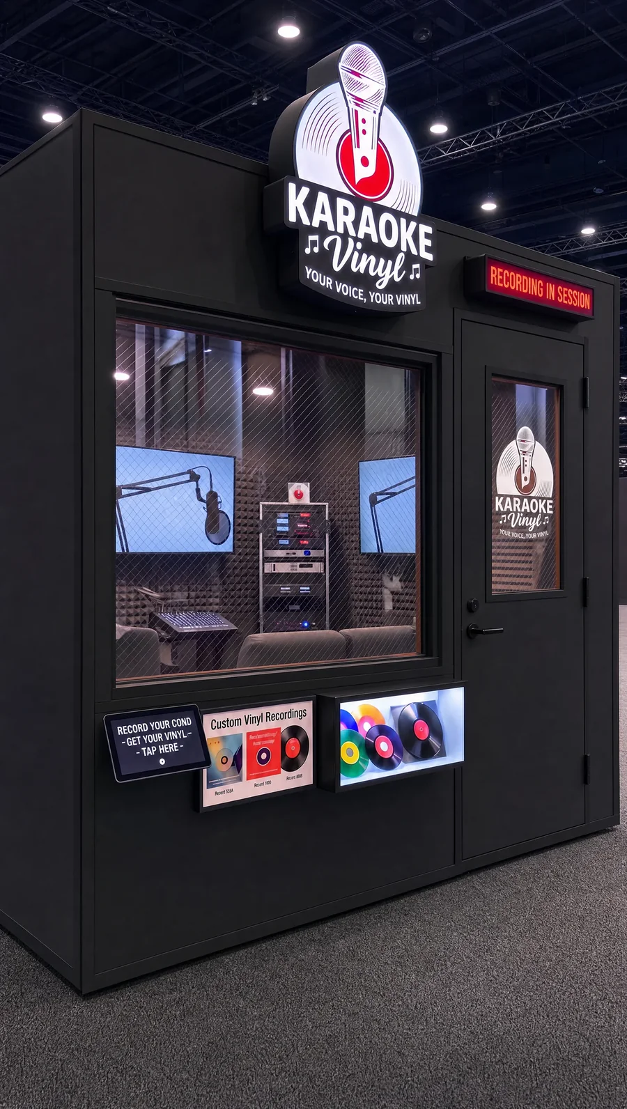 The Karaoke Vinyl booth on site, with freshly cut records displayed in a lit case beside the door