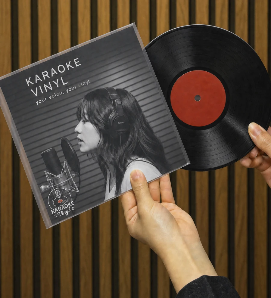 Hands holding a freshly cut Karaoke Vinyl record and its printed sleeve