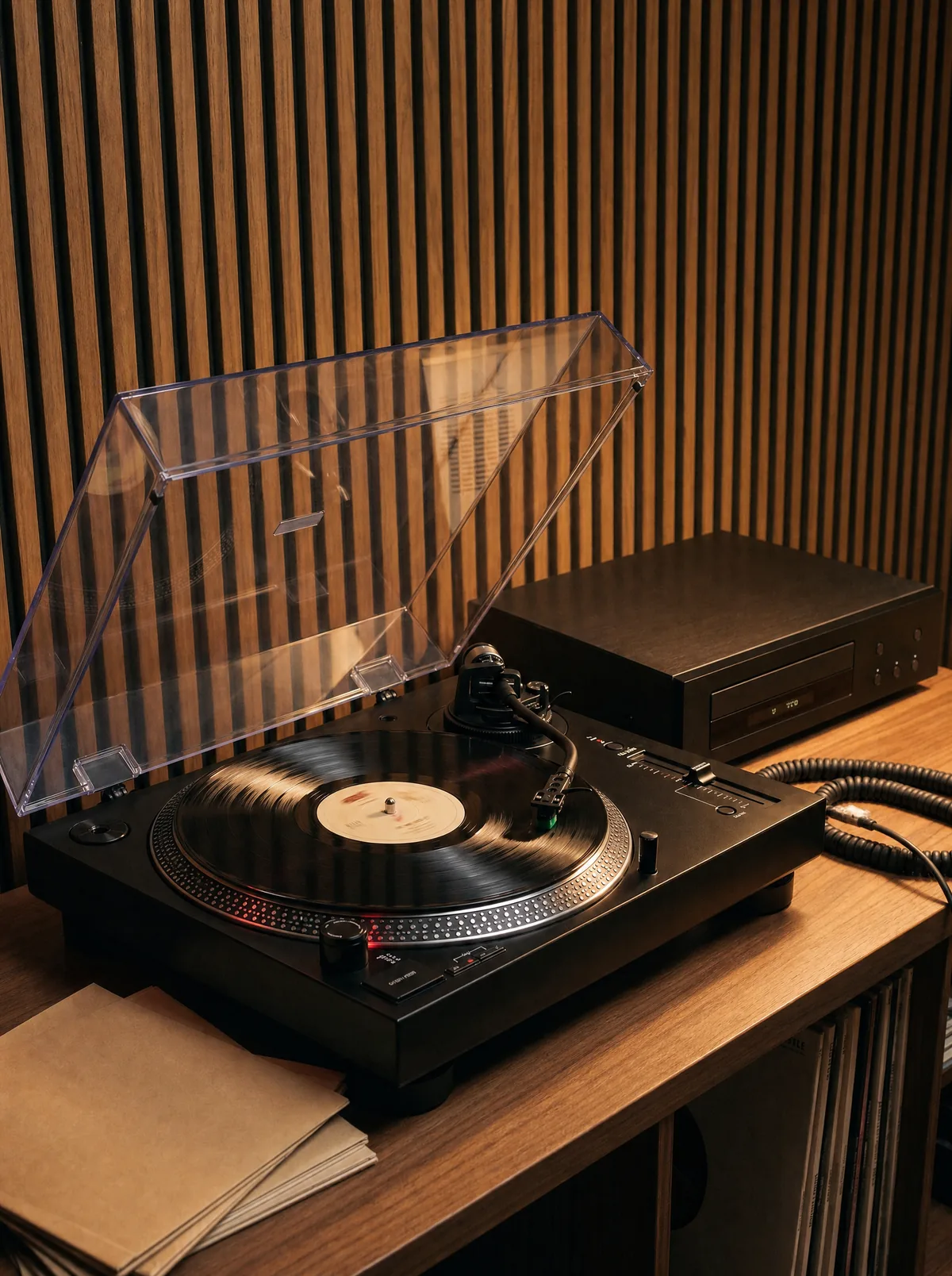 A freshly cut record spinning on a turntable in the booth