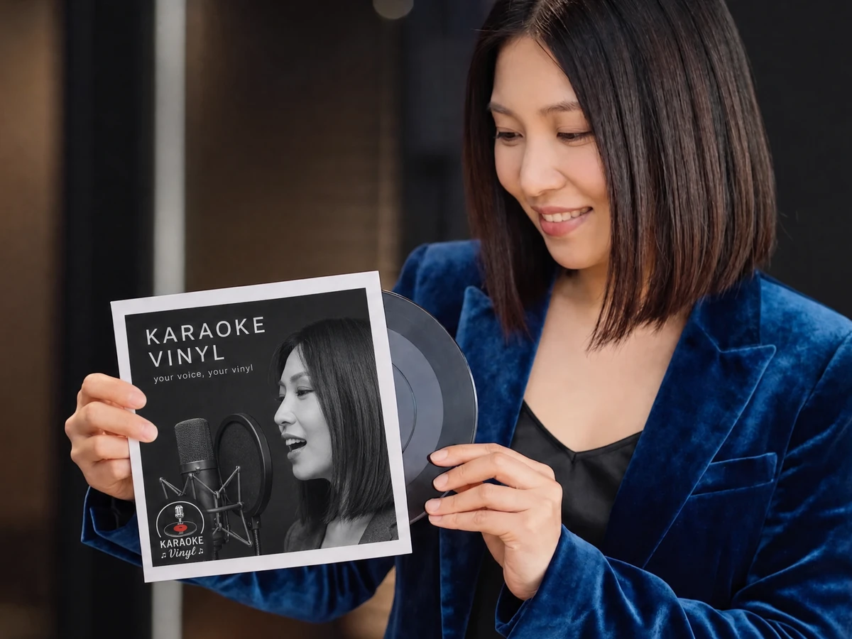 A guest admiring the finished Karaoke Vinyl record and sleeve she is holding