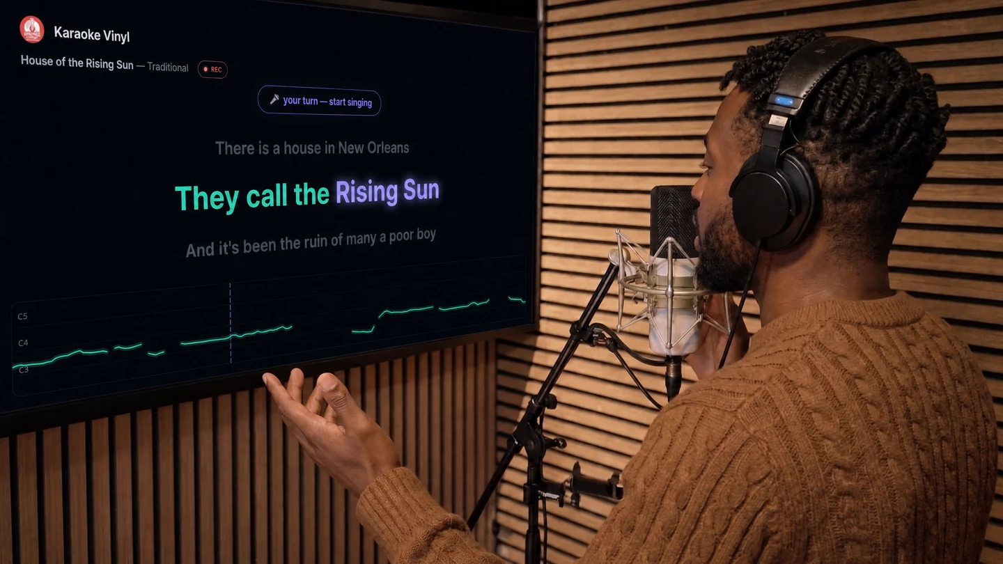 A singer performing at the mic with karaoke lyrics glowing on the screen