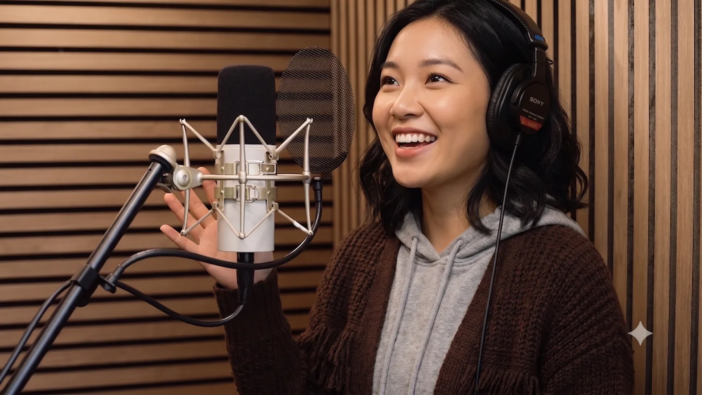 A smiling singer at the studio microphone inside the booth